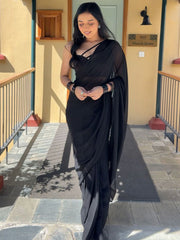 Black Ready to Wear Poly Georgette Saree – Solid – No Border