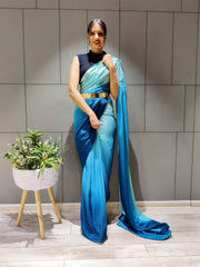 Turquoise Blue & White Ombre Poly Crepe Saree – Blouse Piece – No Border