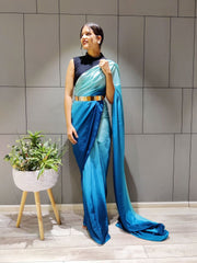 Turquoise Blue & White Ombre Poly Crepe Saree – Blouse Piece – No Border