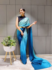 Turquoise Blue & White Ombre Poly Crepe Saree – Blouse Piece – No Border
