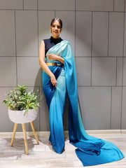 Turquoise Blue & White Ombre Poly Crepe Saree – Blouse Piece – No Border
