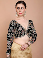 Black Georgette Saree Blouse – V-Neck – Embroidered