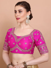 Pink Embroidered Silk Saree Blouse – Sweetheart Neck – Sequin & Thread Work