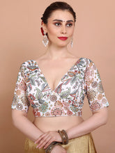 Off-White Embroidered Georgette Saree Blouse – V-Neck – Sequin & Thread Work