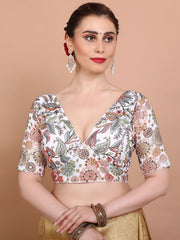 Off-White Embroidered Georgette Saree Blouse – V-Neck – Sequin & Thread Work