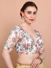 Off-White Embroidered Georgette Saree Blouse – V-Neck – Sequin & Thread Work