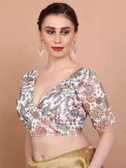 Off-White Embroidered Georgette Saree Blouse – V-Neck – Sequin & Thread Work