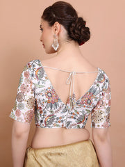 Off-White Embroidered Georgette Saree Blouse – V-Neck – Sequin & Thread Work