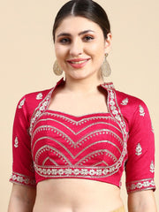 Pink & Gold Embroidered Silk Blouse – Sweetheart Neck – Zari Work
