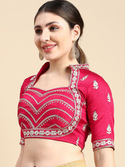 Pink & Gold Embroidered Silk Blouse – Sweetheart Neck – Zari Work