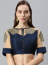 Navy Blue Embroidered Art Silk Saree Blouse – Round Neck – Thread Work