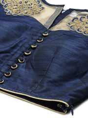 Navy Blue Embroidered Art Silk Saree Blouse – Round Neck – Thread Work