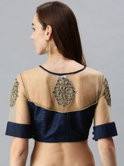 Navy Blue Embroidered Art Silk Saree Blouse – Round Neck – Thread Work
