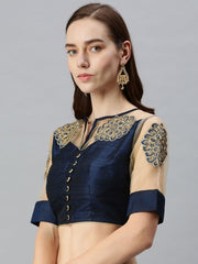 Navy Blue Embroidered Art Silk Saree Blouse – Round Neck – Thread Work