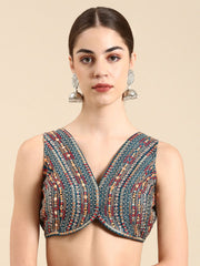 Turquoise Blue Silk Saree Blouse – V-Neck – Thread Work