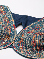 Turquoise Blue Silk Saree Blouse – V-Neck – Thread Work