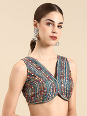 Turquoise Blue Silk Saree Blouse – V-Neck – Thread Work