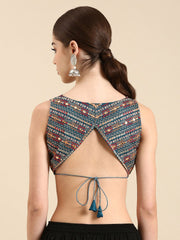 Turquoise Blue Silk Saree Blouse – V-Neck – Thread Work