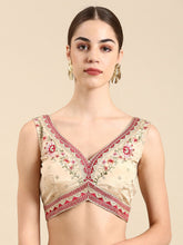 Beige Silk Saree Blouse – V-Neck – Thread Embroidered
