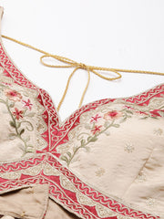 Beige Silk Saree Blouse – V-Neck – Thread Embroidered