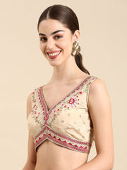 Beige Silk Saree Blouse – V-Neck – Thread Embroidered