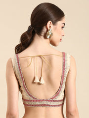 Beige Silk Saree Blouse – V-Neck – Thread Embroidered