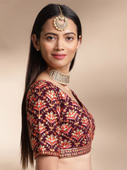 Magenta Embroidered Pure Georgette Blouse – Square Neck – Thread Work