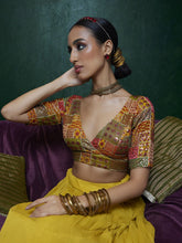 Mustard Yellow Tussar Saree Blouse – V-Neck – Sequinned