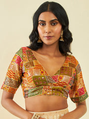 Mustard Yellow Tussar Saree Blouse – V-Neck – Sequinned