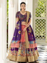 Peach & Purple Flared Silk Lehenga Set – V-Neck – Kalamkari Print