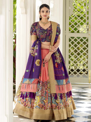 Peach & Purple Flared Silk Lehenga Set – V-Neck – Kalamkari Print