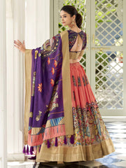 Peach & Purple Flared Silk Lehenga Set – V-Neck – Kalamkari Print