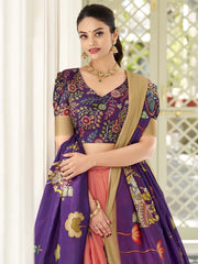 Peach & Purple Flared Silk Lehenga Set – V-Neck – Kalamkari Print