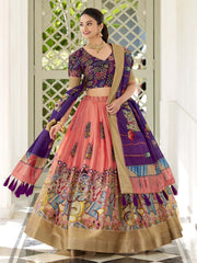 Peach & Purple Flared Silk Lehenga Set – V-Neck – Kalamkari Print