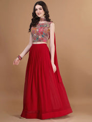 Pink & Green Flared Georgette Lehenga Set – Boat Neck – Thread Work Embroidered