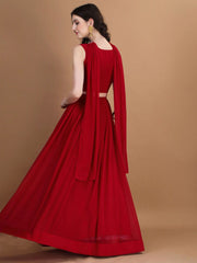 Pink & Green Flared Georgette Lehenga Set – Boat Neck – Thread Work Embroidered