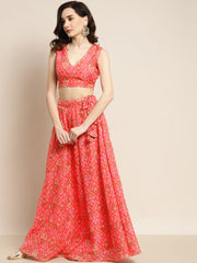 Peach & Olive Green Printed Polyester Lehenga Choli – V-Neck – Gotta Patti