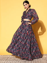 Navy Blue Printed Polyester Lehenga Choli – V-Neck – Flared Hem
