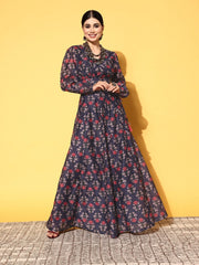 Navy Blue Printed Polyester Lehenga Choli – V-Neck – Flared Hem