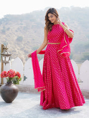 Pink Flared Viscose Rayon Lehenga Choli Set – Round Neck – Foil Printed