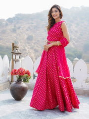 Pink Flared Viscose Rayon Lehenga Choli Set – Round Neck – Foil Printed