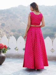 Pink Flared Viscose Rayon Lehenga Choli Set – Round Neck – Foil Printed