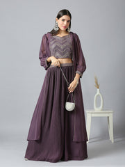 Purple & Silver Khari Printed Poly Georgette Lehenga Set – Sweetheart Neck – Sequinned Embroidery