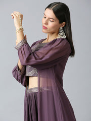 Purple & Silver Khari Printed Poly Georgette Lehenga Set – Sweetheart Neck – Sequinned Embroidery