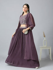 Purple & Silver Khari Printed Poly Georgette Lehenga Set – Sweetheart Neck – Sequinned Embroidery
