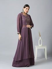 Purple & Silver Khari Printed Poly Georgette Lehenga Set – Sweetheart Neck – Sequinned Embroidery