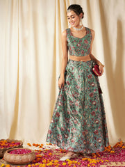 Olive Green & Pink Flared Poly Silk Lehenga Set – Square Neck – Floral Print