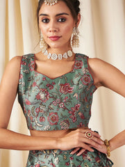 Olive Green & Pink Flared Poly Silk Lehenga Set – Square Neck – Floral Print