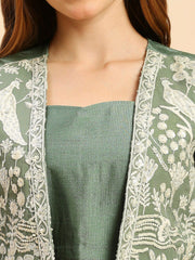 Green & White Silk Lehenga & Choli with Shrug – Square Neck – Thread Work