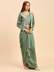 Green & White Silk Lehenga & Choli with Shrug – Square Neck – Thread Work